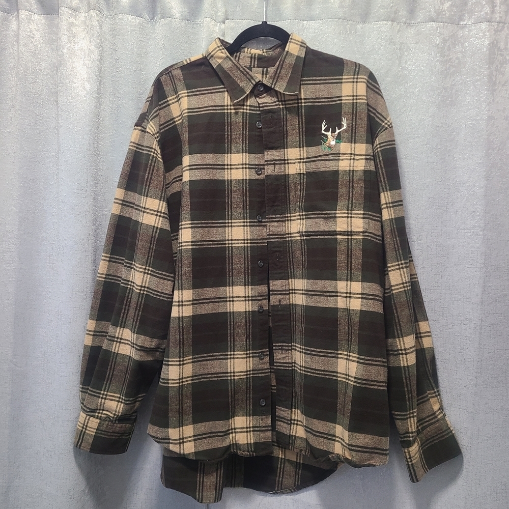 Cabela's Brown Cream Plaid Shirt Mens XLT Hunting EMBROiDERED DEER LOGO